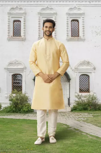 Lemon art silk embroidered kurta churidar for men's indian traditional ethnic wear