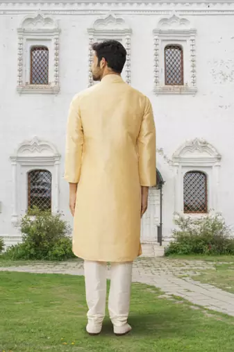 Lemon art silk embroidered kurta churidar for men's indian traditional ethnic wear