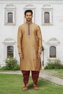 Peach art silk embroidered kurta patiala for men's indian traditional ethnic wear 1