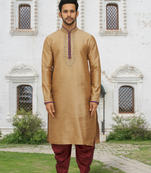 Peach art silk embroidered kurta patiala for men's indian traditional ethnic wear