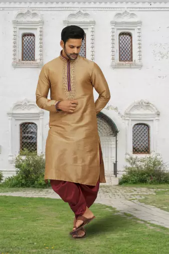 Peach art silk embroidered kurta patiala for men's indian traditional ethnic wear