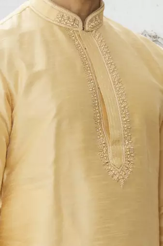Lemon art silk embroidered kurta churidar for men's indian traditional ethnic wear