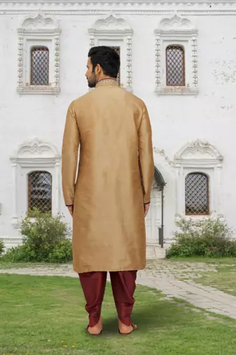 Peach art silk embroidered kurta patiala for men's indian traditional ethnic wear