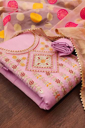 Manvaa women's pink unstitched embroidered chanderiodal cotton dressaterial 