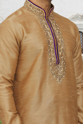 Peach art silk embroidered kurta patiala for men's indian traditional ethnic wear 4
