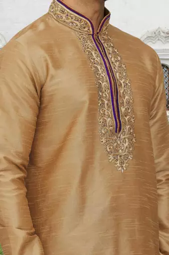 Peach art silk embroidered kurta patiala for men's indian traditional ethnic wear