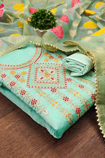Manvaa women's sea green unstitched embroidered chanderiodal cotton dressaterial 