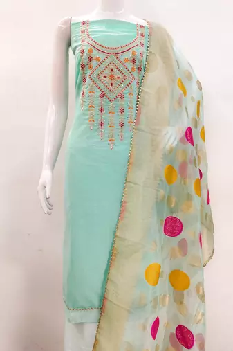 Manvaa women's sea green embroidered chanderiodal cotton dressaterial