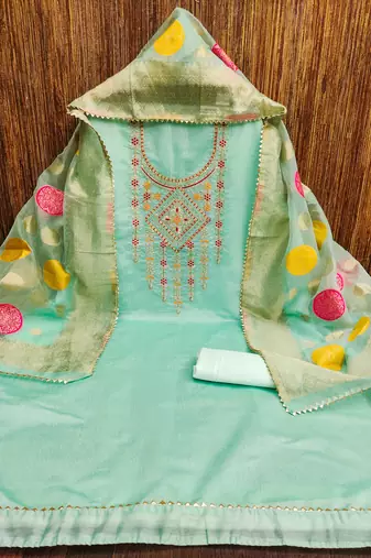 Manvaa women's sea green embroidered chanderiodal cotton dressaterial