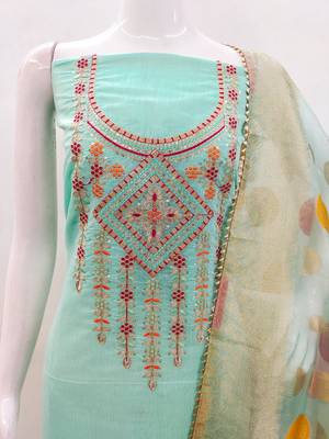 Manvaa women's sea green embroidered chanderiodal cotton dressaterial 5