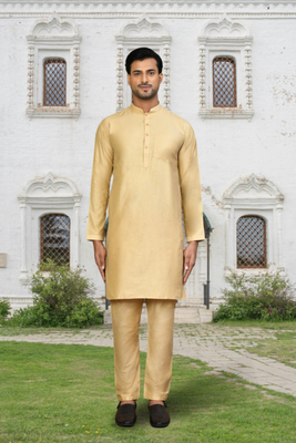 Fawn cotton silk solid kurta pyjamas for men's indian traditional ethnic wear 1