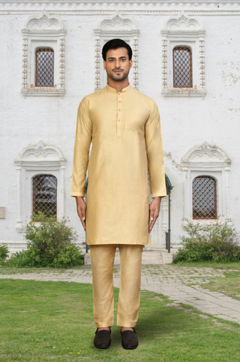 Fawn cotton silk solid kurta pyjamas for men's indian traditional ethnic wear