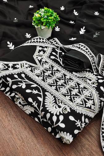 Manvaa women's black unstitched embroidered georgette dressaterial 