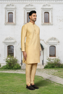 Fawn cotton silk solid kurta pyjamas for men's indian traditional ethnic wear 2