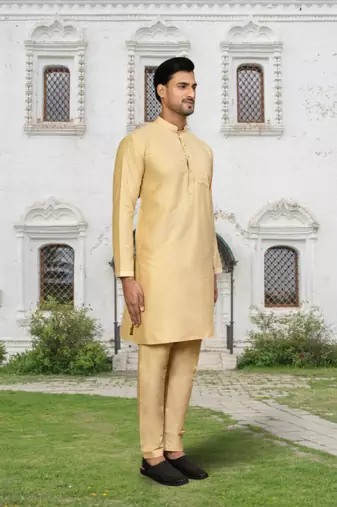 Fawn cotton silk solid kurta pyjamas for men's indian traditional ethnic wear