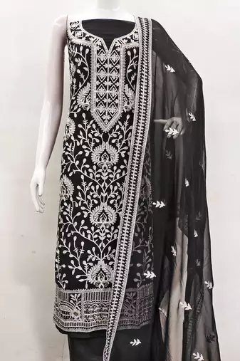 Manvaa women's black embroidered georgette dressaterial