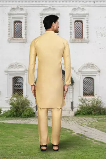 Fawn cotton silk solid kurta pyjamas for men's indian traditional ethnic wear