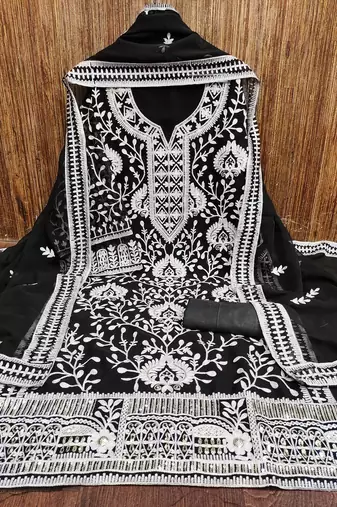 Manvaa women's black embroidered georgette dressaterial