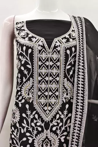 Manvaa women's black embroidered georgette dressaterial
