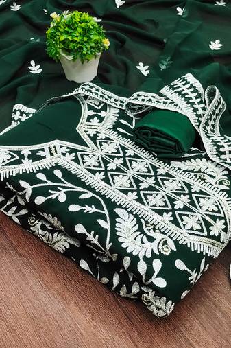 Manvaa women's green unstitched embroidered georgette dressaterial 