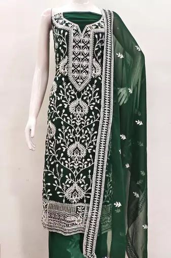 Manvaa women's green embroidered georgette dressaterial