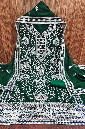Manvaa women's green embroidered georgette dressaterial