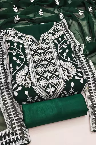 Manvaa women's green embroidered georgette dressaterial