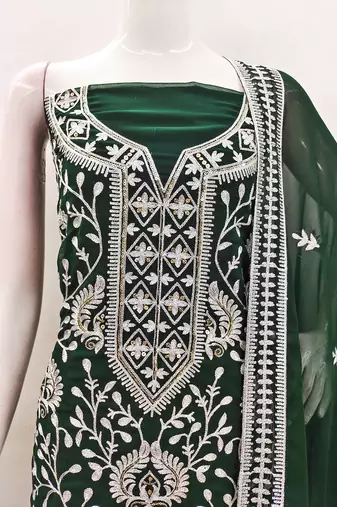 Manvaa women's green embroidered georgette dressaterial