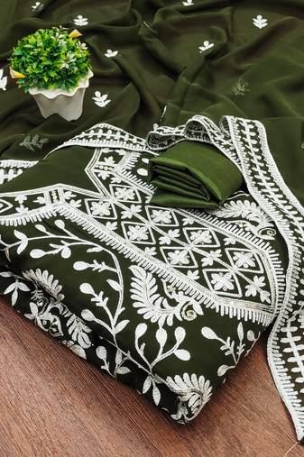 Manvaa women's olive green unstitched embroidered georgette dressaterial 
