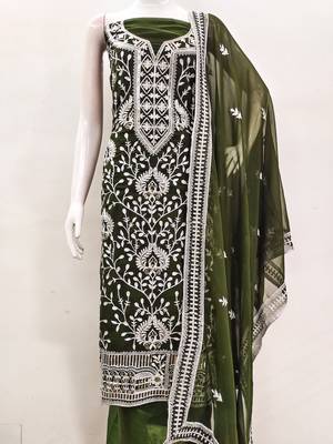 Manvaa women's olive green embroidered georgette dressaterial 2