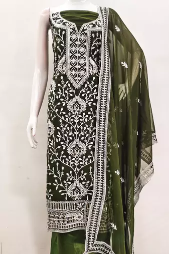 Manvaa women's olive green embroidered georgette dressaterial