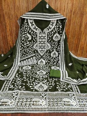 Manvaa women's olive green embroidered georgette dressaterial 3