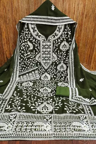 Manvaa women's olive green embroidered georgette dressaterial