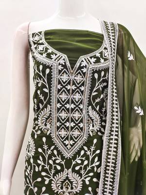 Manvaa women's olive green embroidered georgette dressaterial 5