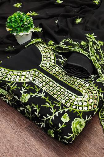 Manvaa women's black unstitched embroidered georgette dressaterial 