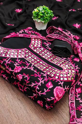 Manvaa women's pink unstitched embroidered georgette dressaterial 