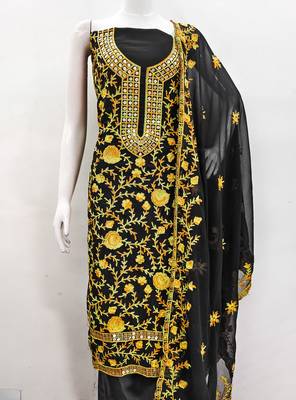 Manvaa women's yellow embroidered georgette dressaterial 2