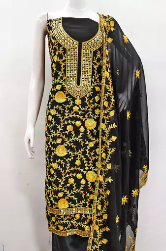Manvaa women's yellow embroidered georgette dressaterial