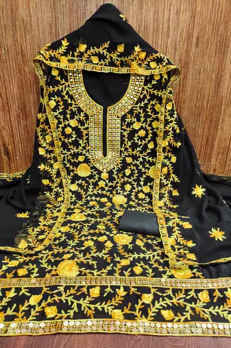 Manvaa women's yellow embroidered georgette dressaterial