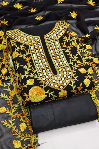 Manvaa women's yellow embroidered georgette dressaterial