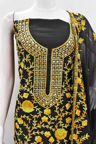 Manvaa women's yellow embroidered georgette dressaterial