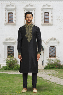 Black art silk embroidered kurta churidar for men's indian traditional ethnic wear 1