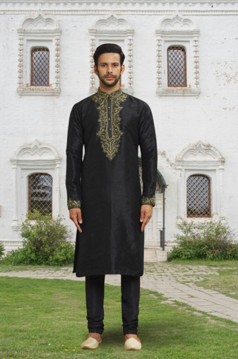 Black art silk embroidered kurta churidar for men's indian traditional ethnic wear