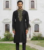 Black art silk embroidered kurta churidar for men's indian traditional ethnic wear