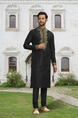 Black art silk embroidered kurta churidar for men's indian traditional ethnic wear 2