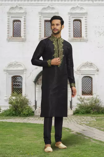 Black art silk embroidered kurta churidar for men's indian traditional ethnic wear