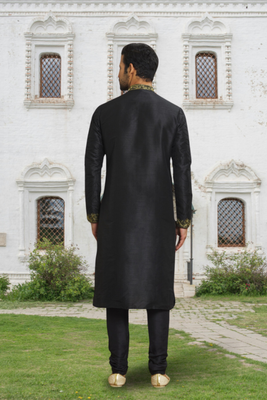 Black art silk embroidered kurta churidar for men's indian traditional ethnic wear 3