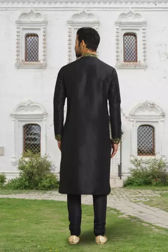 Black art silk embroidered kurta churidar for men's indian traditional ethnic wear