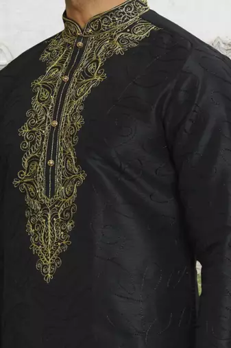 Black art silk embroidered kurta churidar for men's indian traditional ethnic wear