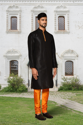 Black art silk solid kurta churidar for men's indian traditional ethnic wear 1